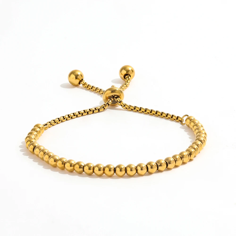 

Waterproof Tarnish Free 18K PVD Gold Plated Bead Adjustable Stainless Steel Bracelet for Women Fashion Jewelry