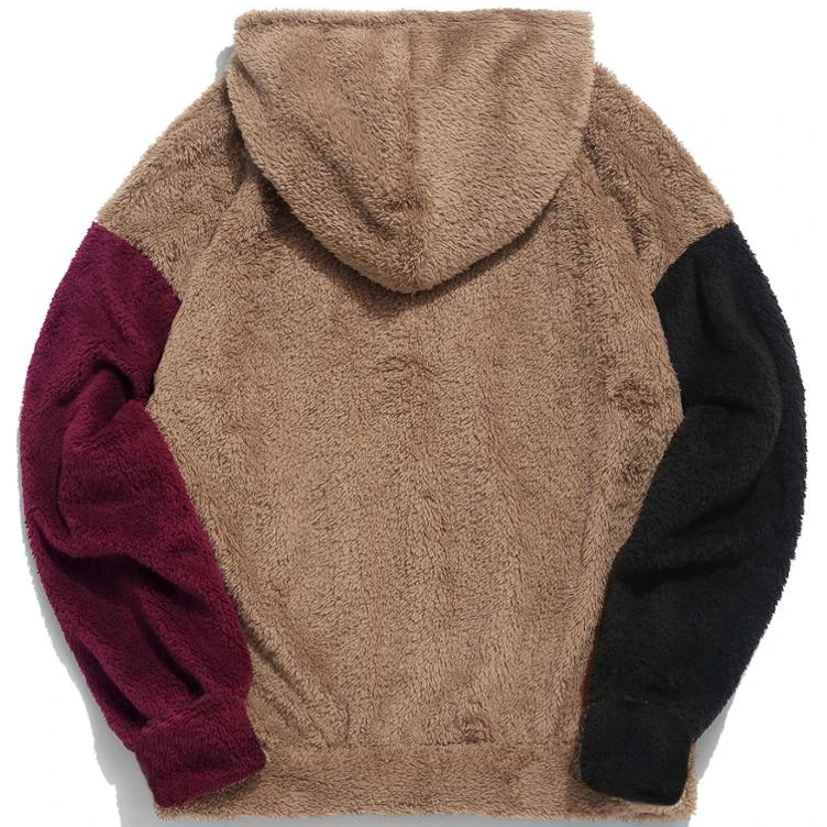 Color-blocking Splicing Drawstring Fuzzy Mens Hoodies High Quality