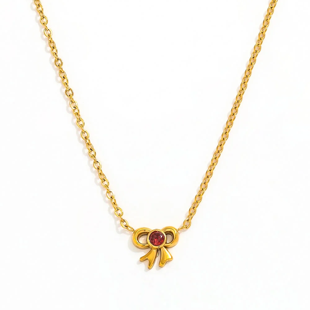 Joolim Waterproof Gold Plated Dainty Green Red Zirconia Bowknot Bow Pendant Stainless Steel Snake Chain Necklace Earring Set