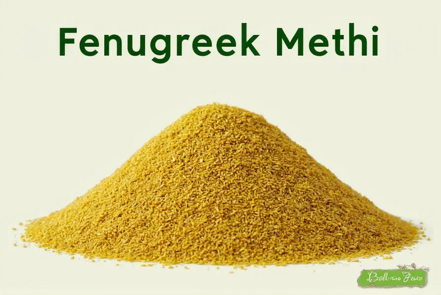 Close-up photograph of fenugreek seeds (methi) showing their distinctive rhomboid shape and golden-brown color on a wooden background