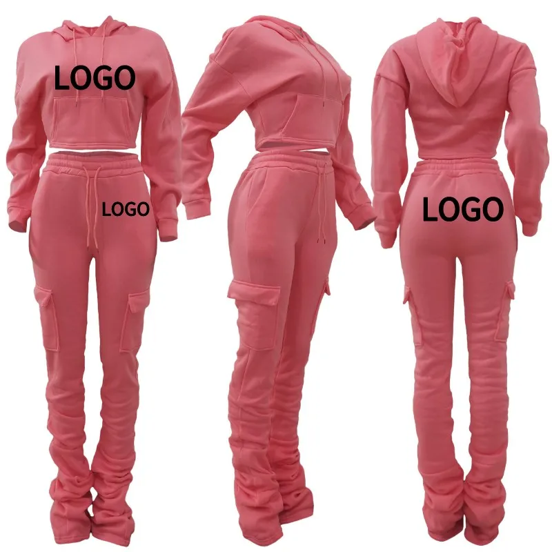 

2022 Woman Clothes Custom Logo Fleece Thick Crop Top Hoodie Joggers Women Stacked Cargo Sweatpants Outfits Two Piece Pants Sets, Picture