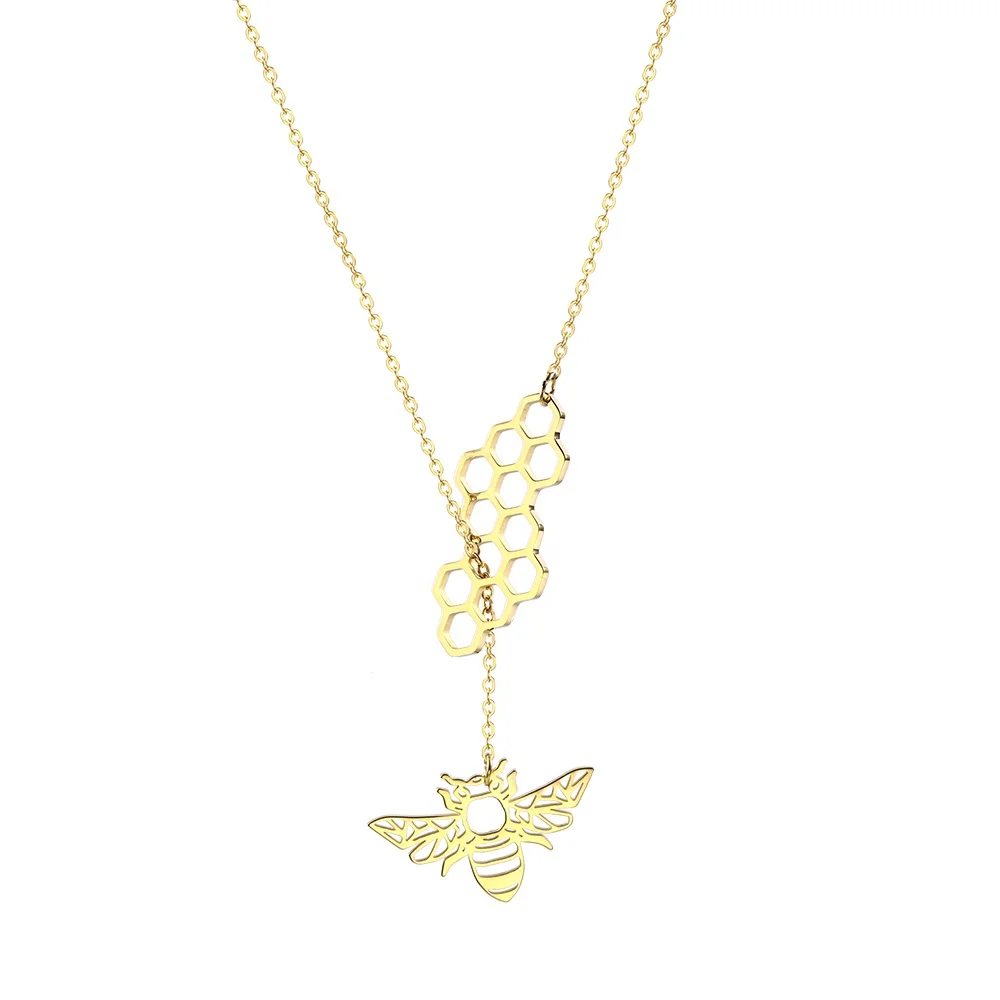 

Green diamond RTS Animal Series Jewelry 18K Gold Plated Pretty Hollow Bumble Bee Honeycomb Pendant Necklace