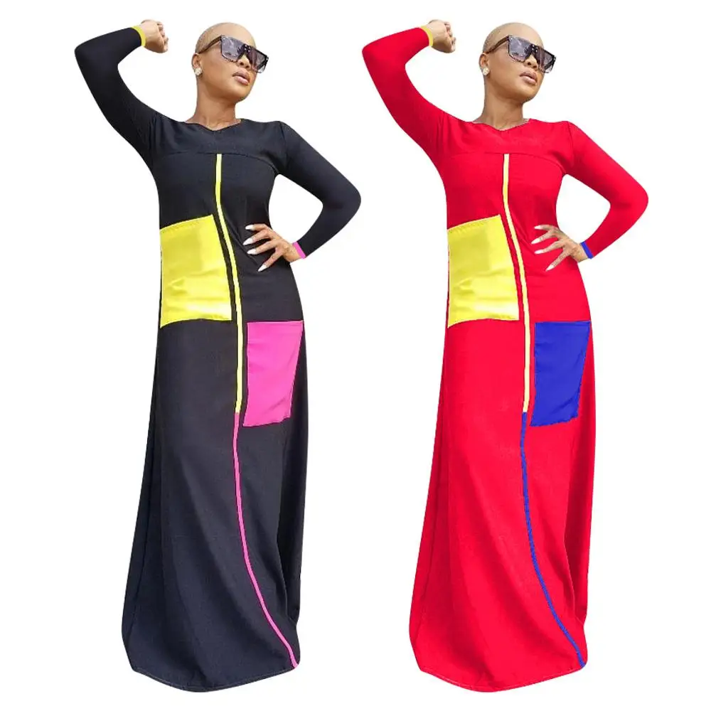 90926-MX9 autumn new style matching two big pockets ladies long casual dresses