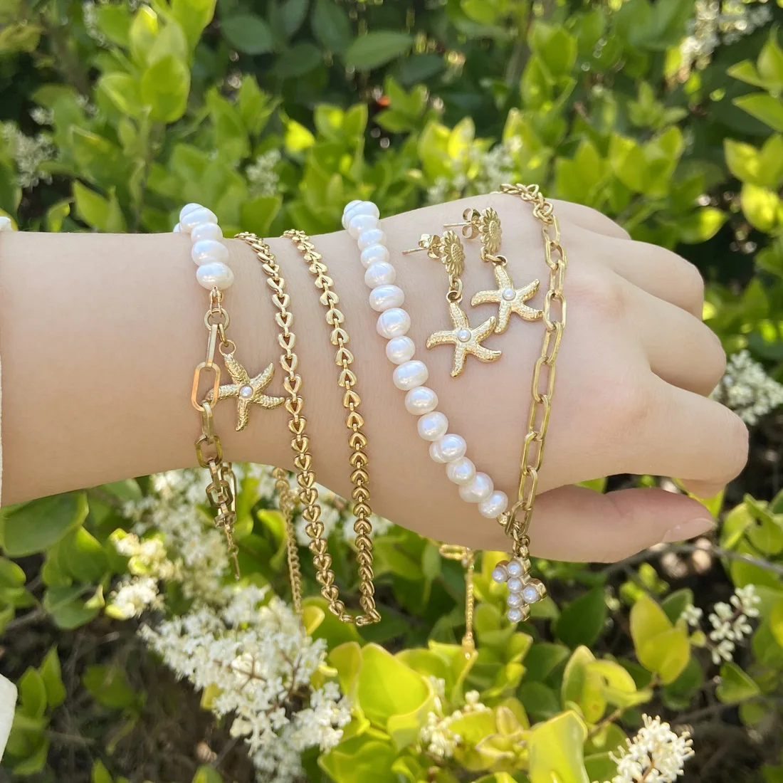 

Women Natural Pearl Beaded Necklace Gold Plated Stainless Steel Cross Starfish Charm Bracelet Necklace Earrings Jewelry Sets, Steel color and golden color