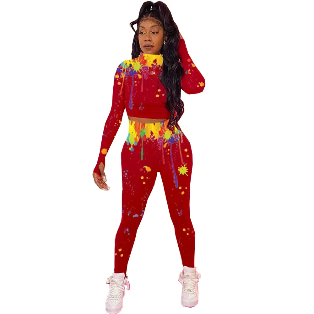 

FM-DN8540 Fall Sexy Shaping High Neck Color Splash Ink Casual Women Jogging 2 Piece Women Clothing Sets, As pictures