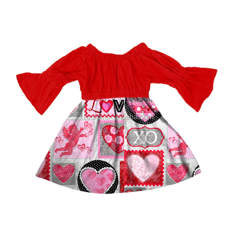 

2021 Valentine's Day Print Children's Dress Red Cotton Sleeve Baby Party Skirt, Picture