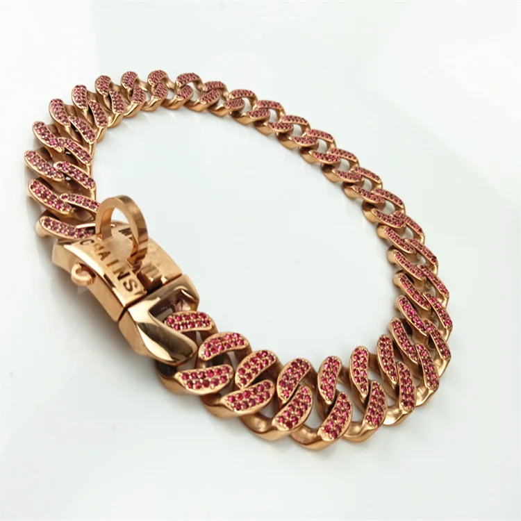 

Personalized Stainless Steel Chunky Dog Cuban Chain Plated 18K Diamond Pet Collar, As pictures