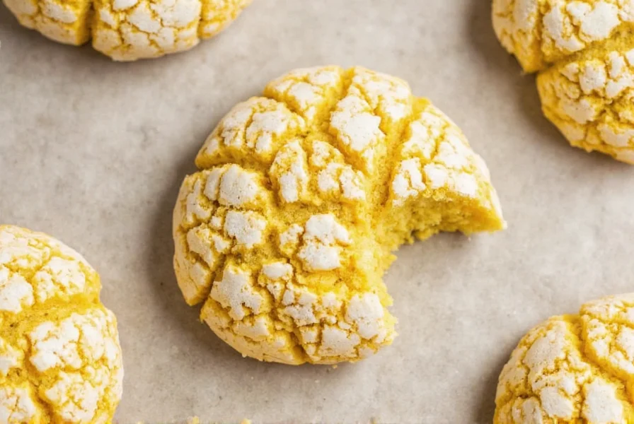 Close-up of lemon turmeric crinkle cookies showing the cracked texture and golden color