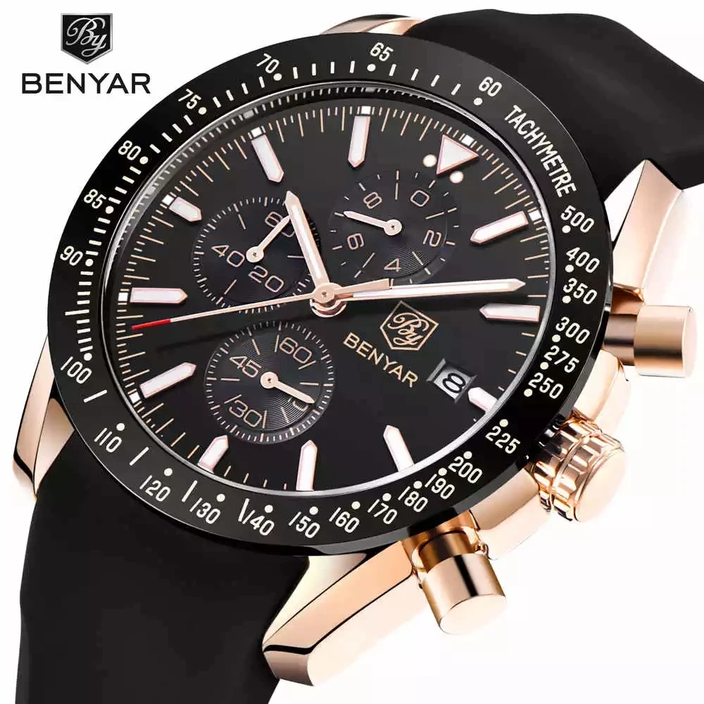 

BENYAR 5140 Classic Charm Mens Quartz Leather Strap Watches Fashion Chronograph Date Time Display Wristwatch, As pictures