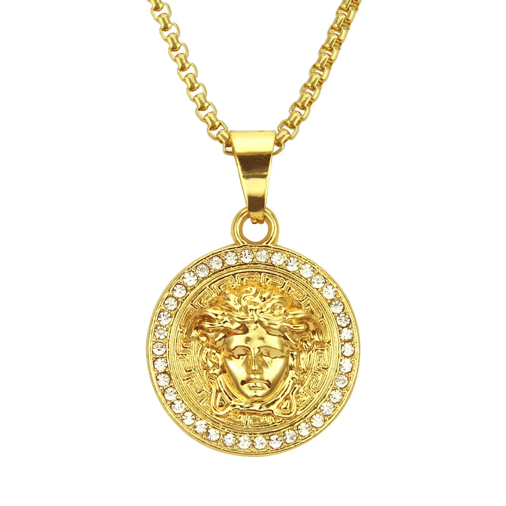 

Hip Hop Hipster Medusa Diamond Pendant Gold Beauty Man's Head Pendant Necklaces