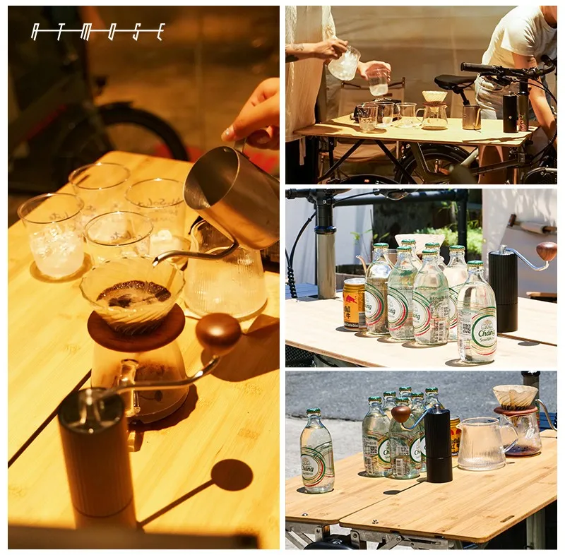 Mobiles Pour-over-Kaffeeset auf dem Bambus-Deck des Lastenrads