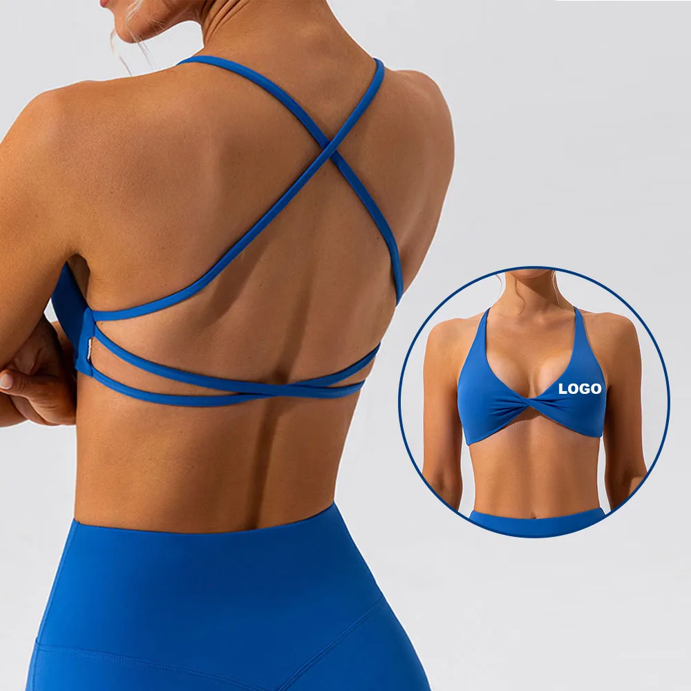 

High Quality Solid Athletic Spaghetti Strap Gym Workout Yoga Custom Push Up Cross Back Front Twist Sports Bra