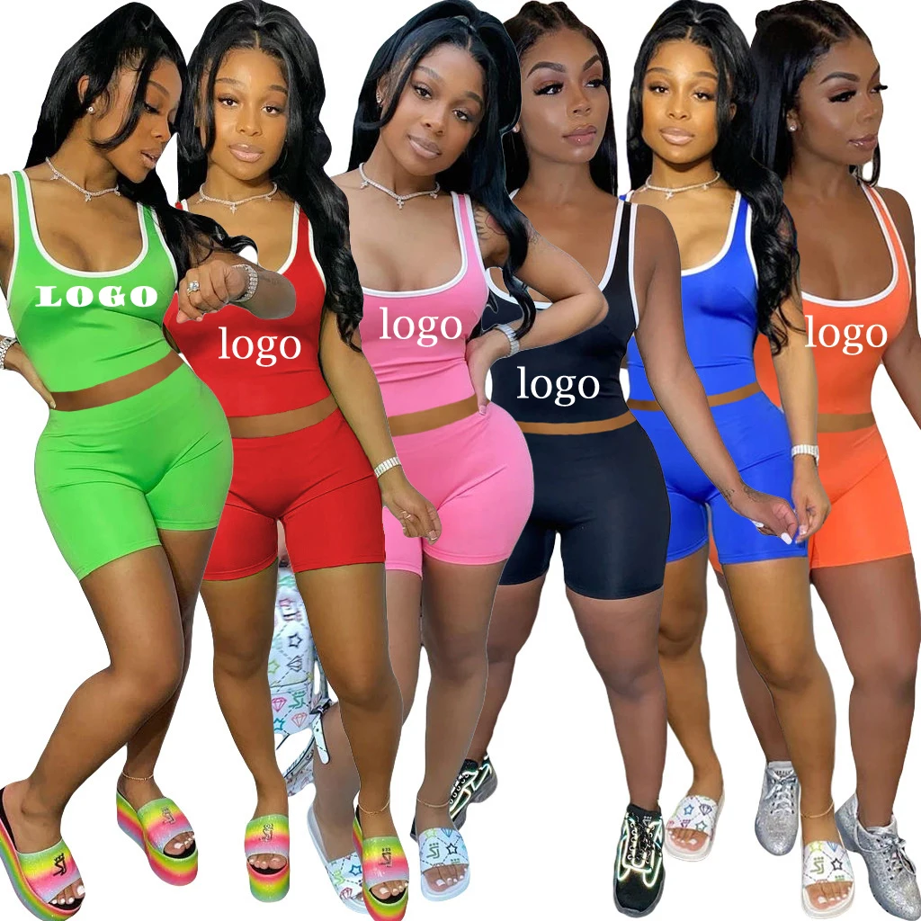 

Summer Sleeveless Lady 13 color Customize Logo 2 Piece Shorts Set Solid Color Biker Shorts Set Crop Top Women Biker Short Sets, As your requirement