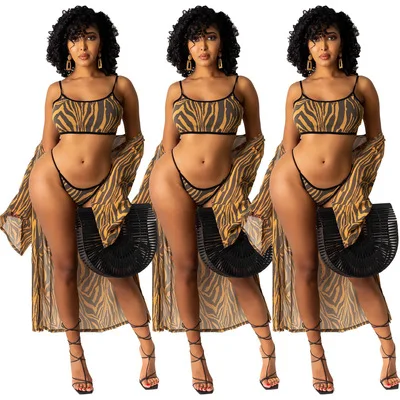 

Stock Fashion new women swimsuit sexy stripe print 3 pieces bikini set