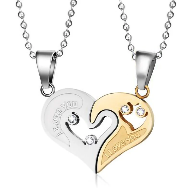 

personalized letter necklaces 2 Pieces/Set Crystal Matching Double Heart Pendant Jewelry I Love You Heart Men Women Couple