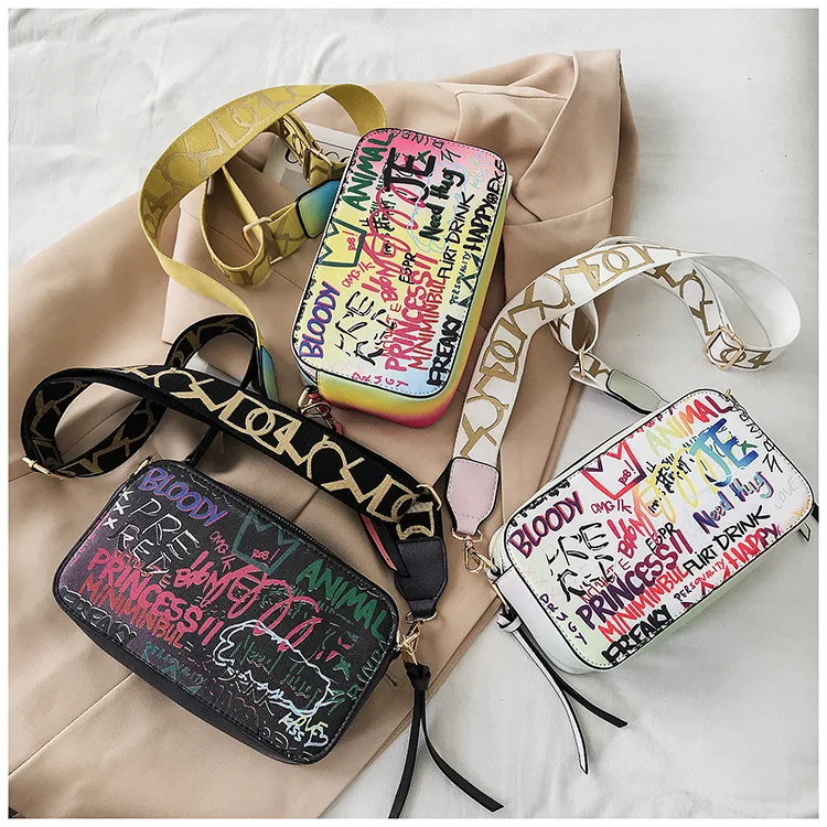

New arrival fashion ladies rainbow colorful purse shoulder hand bags designer graffiti crossbody camera bag for women, Picture