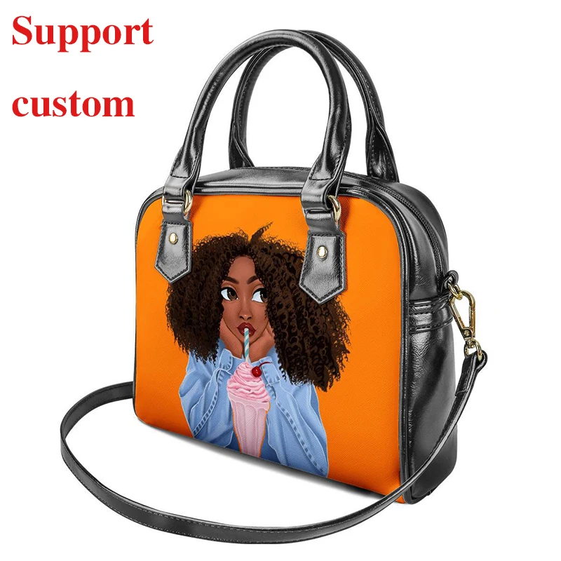 

Custom Handbags For Women Black Art African Girls Printed Good Quality PU Leather Crossbody Bags Woman Bags, Customized color