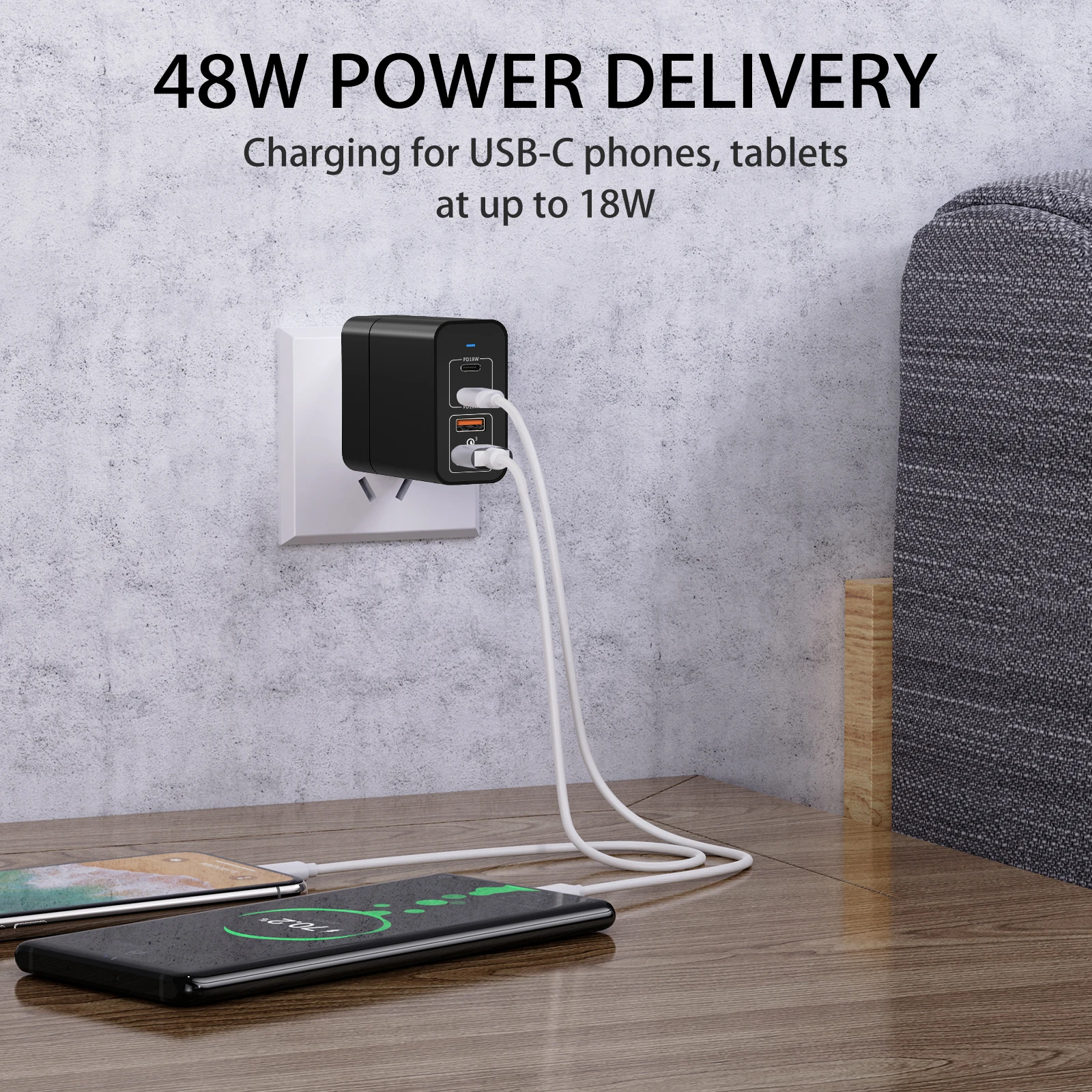 4 Ports 48W USB Type C Wall Charger PD3.0 PPS QC3.0 PE Portable Travel For Phone