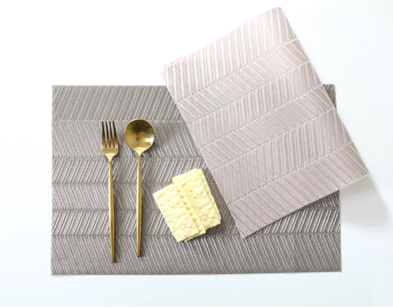 

Rectangular PVC Table Mat Non-Slip Bowl Plate Cup Pads Braided Placemat, Light gold,grey