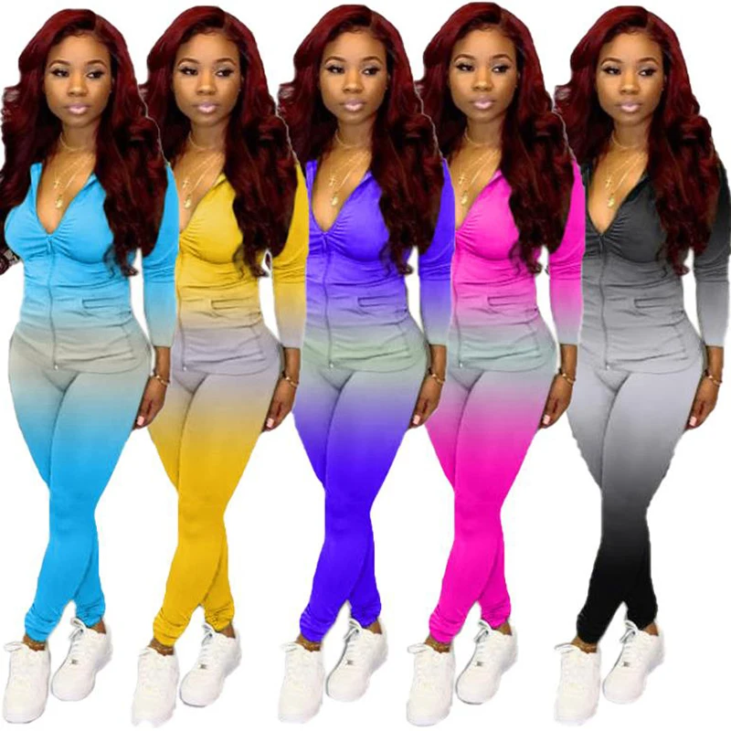 

CUHAKCI Sexy Women Clothing Tracksuit Gradient Zipper Pocket Hoodie Top Casual Slim Pants Sweatsuit Jogger Two Piece Pants Set, Yellow, black, blue, rose, light blue