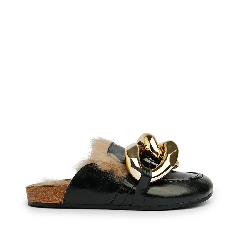 

WETKISS Quality Handmade Shoes Gold Chain Shoes Close Toe Genuine Leather Mules Flat Slides Real Fur Mules Shoes Women, Black, brown, beige