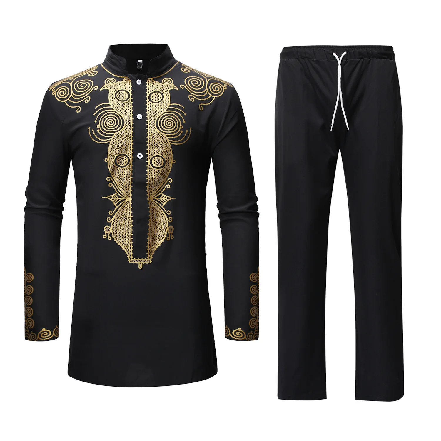 

Large size African style ethnic print long-sleeved T-shirt and pants suit men's sets
