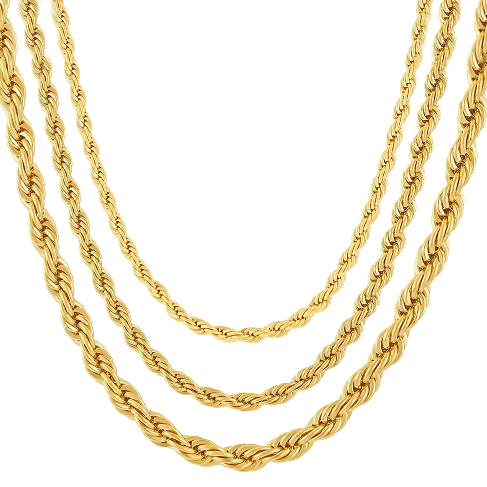 

Twisted Rope Chain Necklace 18k Solid Gold Plated Stainless Steel for Women and Men 3mm 4mm 5mm
