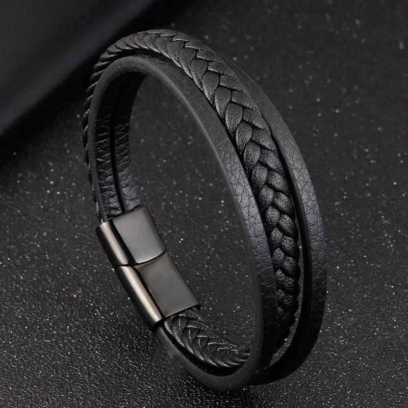 

Father's Day Gifts Braided Men Leather Bracelet Titanium Steel Buckle Multi Layer Wrap Leather Bracelet for Men Male