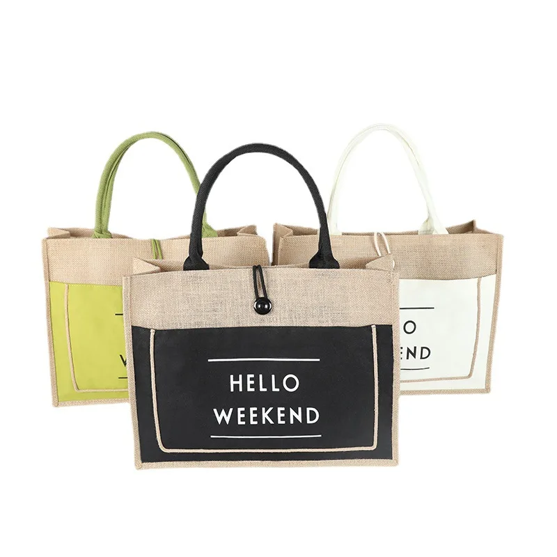 

Amazon cross-border cotton and linen portable advertising bag jute shopping bag linen composite waterproof beach bag, Beige
