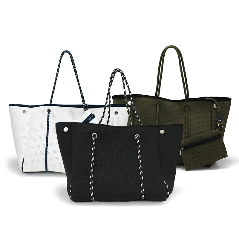 

Hot sale perforated design neoprene beach bag Weekend travel handbag Custom tote bags for women