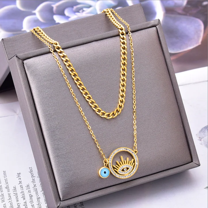 

Bohemian style double layer eye pendant stainless steel necklace for ladies jewelry