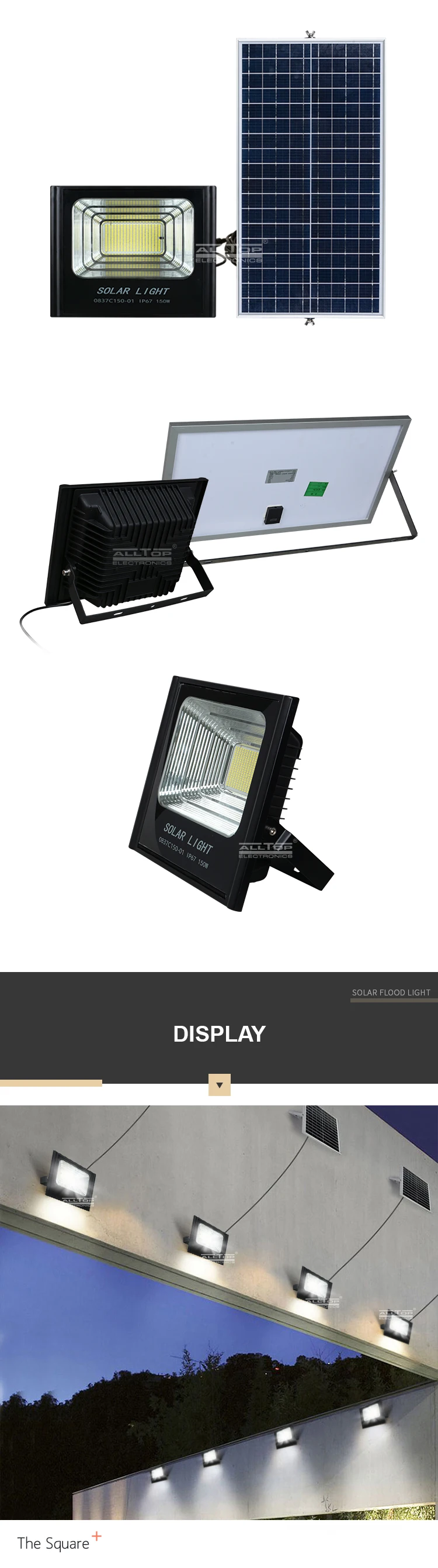 ALLTOP Intelligent 50w 100w 150w 200w Outdoor IP65 Waterproof Sensor LED Solar Flood Light