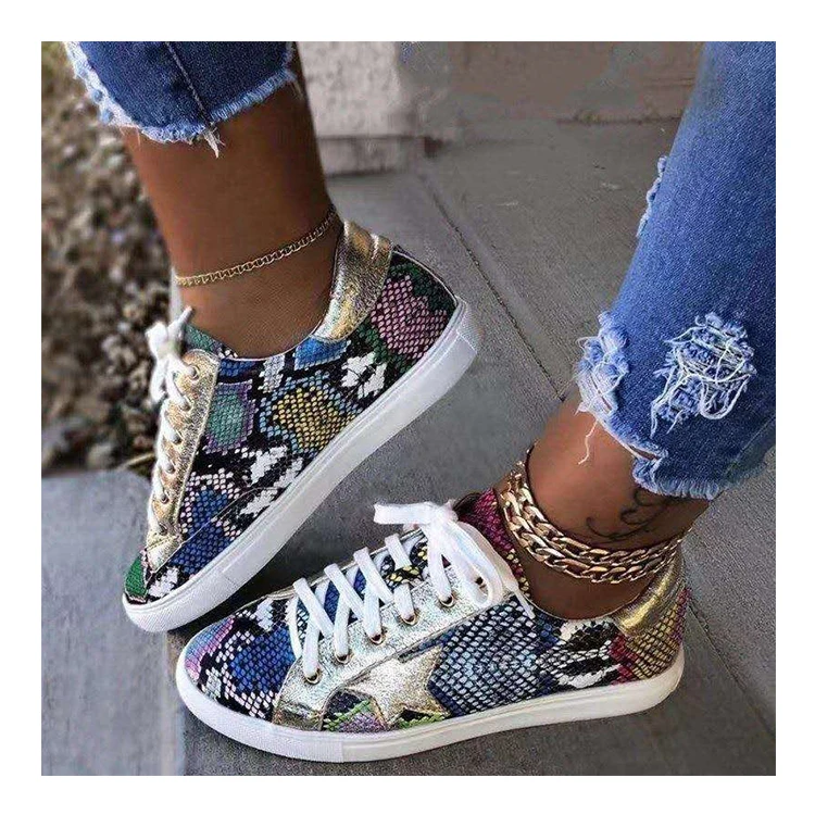 

2021 New European American Style Women's Snake Print Lace-up Flat Casual Sneakers Shoes, Picture