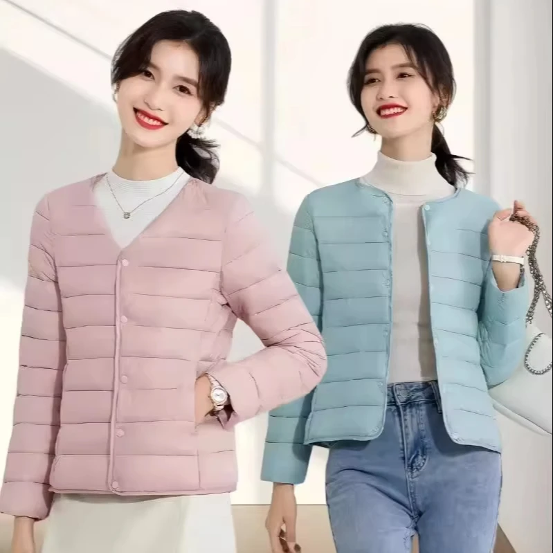 Women Fall Winter Coat Padded Single-breasted Solid Color Cardigan Long Sleeve Thick Warm Soft V Neck Windproof Lady Down Coat