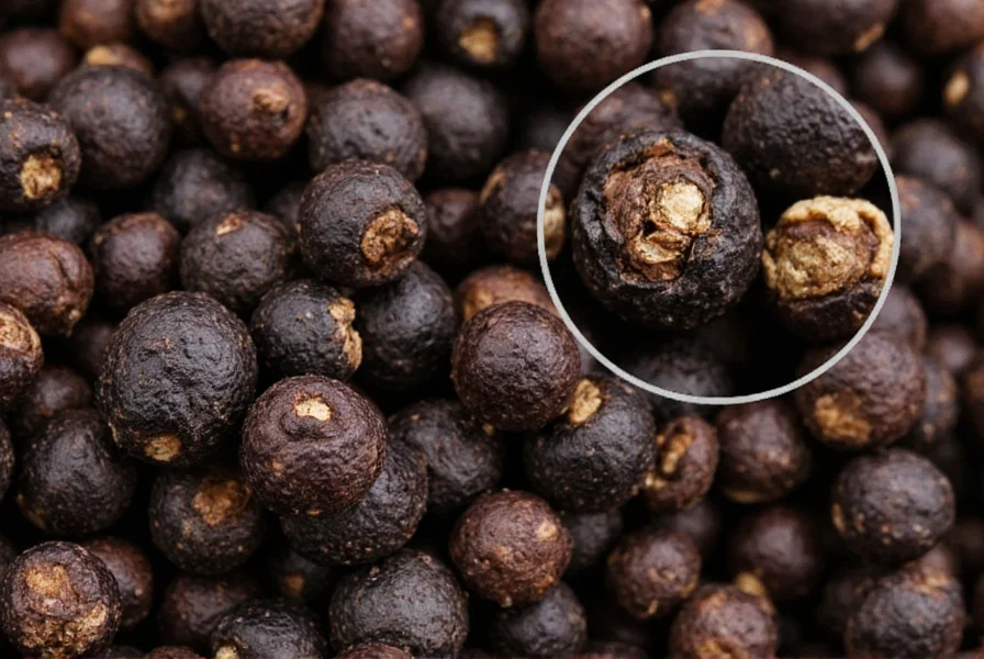 Close-up of black peppercorns with magnified view showing piperine crystals