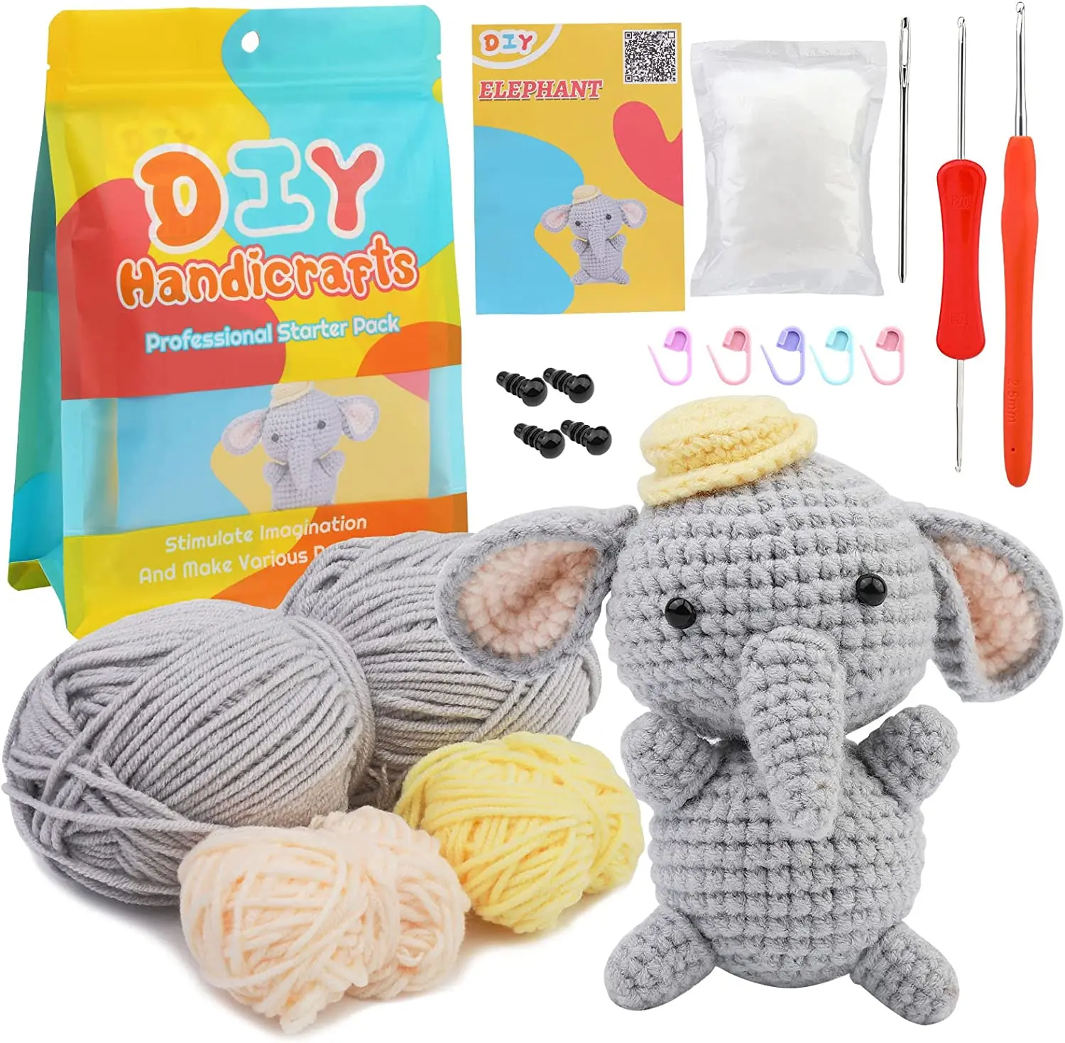 Easy to do DIY handmade elephant shaped DIY crochet kit for beginners with tube easy peasy yarn crochet DIY animal set