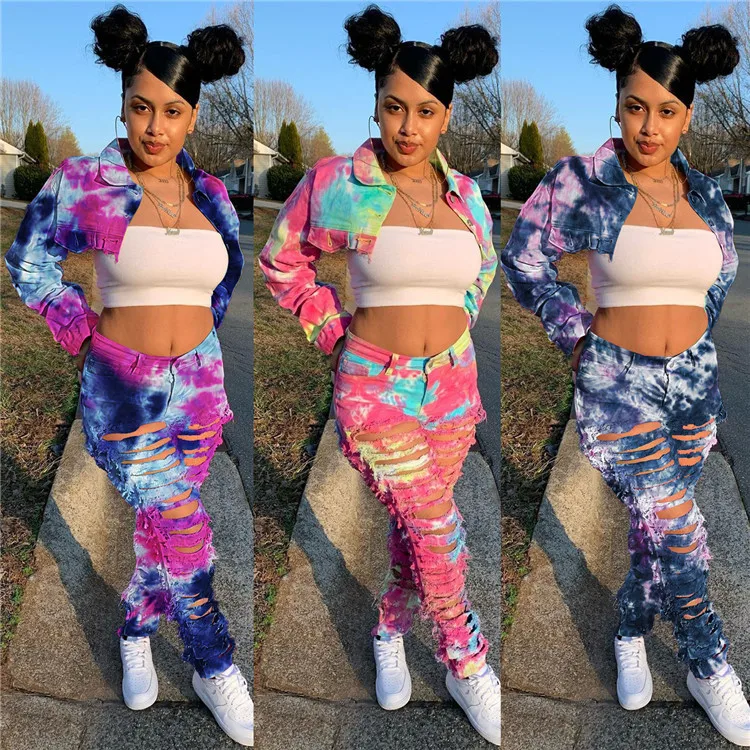 

2020 Fall Woman Clothing Denim Two Piece Sets High Waist Jeans Skinny Tie Dye Ripped Jeans Jacket Woman Denim 2 Piece Set