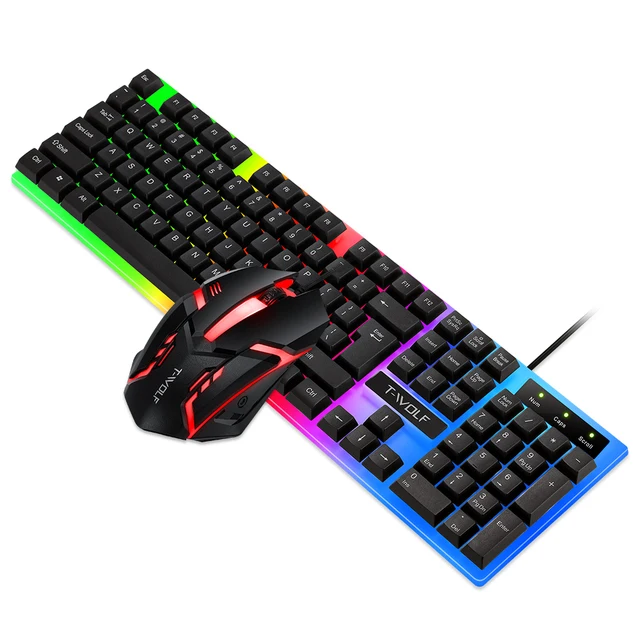 

Rainbow Backlight Usb And Mouse Set For Laptop Wireless Gaming Keyboard, Black
