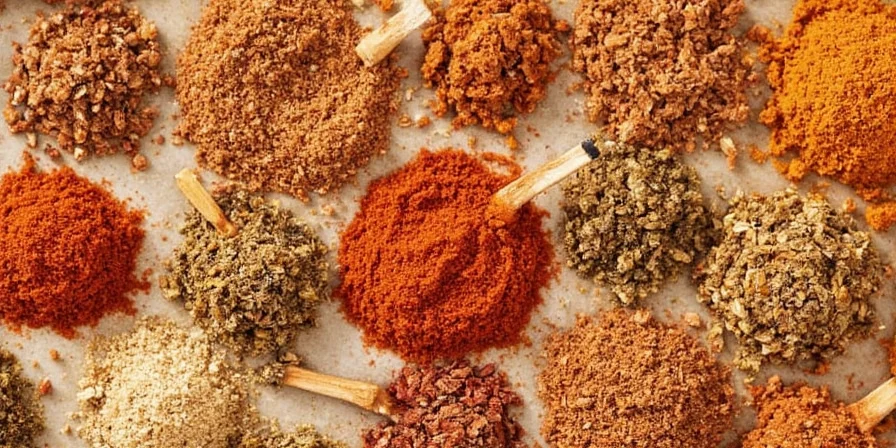 Seven spice jars labeled with innovative buffalo rub combinations