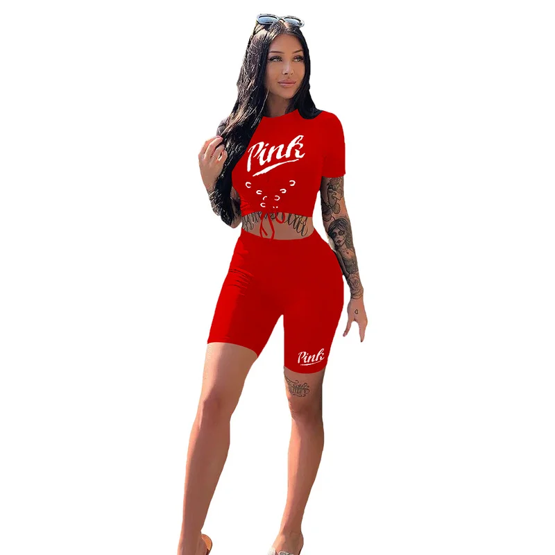 

summer 2021 casual 2 piece set fashion short sleeve printed solid slim women N****K two piece pants set