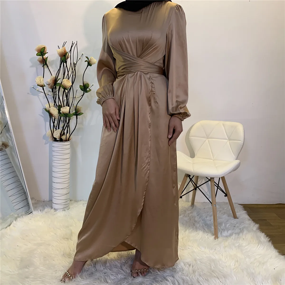

Arabic Silk Muslim Women Dresses Abaya Dubai Islamic Clothing For Women Muslim Fashion Satin Dress 2021, As show