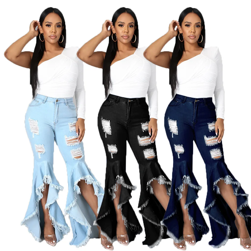 

Women Trousers Sexy Ripped Jeans High Waist Bodycon Fringe Hollow Out Flare Denim Jeans Pant, Picture color