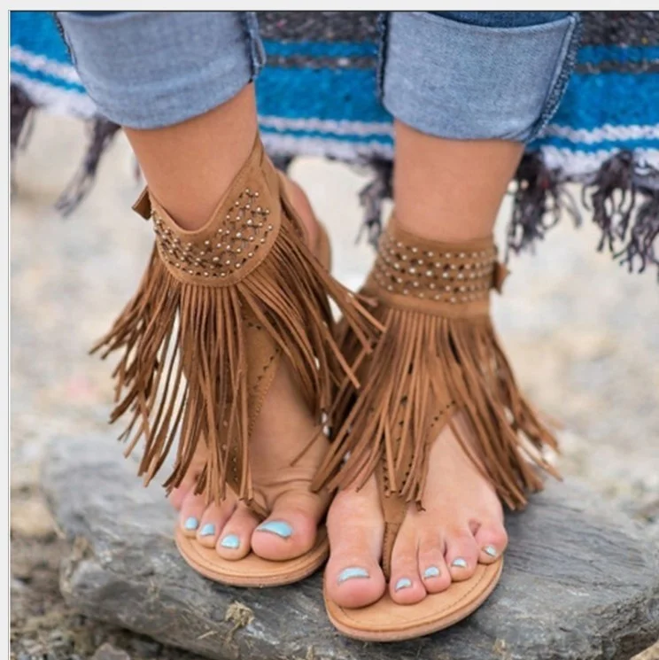 

Vintage Beaded Roman Flat Sandals Suede Tassels Bohemian Women Sandals For Summer Beach and Holiday