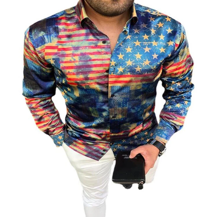 

Fashion Men Shirts Casual Long Sleeve Print Male High Quality Slim Tops For Men Turn-down Collar Buttoned Shirt