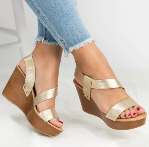 

zm61485c Spring and summer fashion women's thick bottom sandals large size casual comfortable female wedge sandal, Black, gold, brown