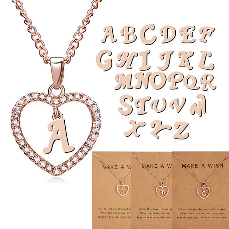 

Letter Chain 26 Letter Hollow Heart Diamond Letter Pendant Necklace With Card