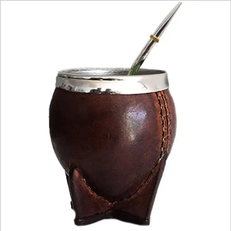 

Hot selling yerba mate cup mate gourd wine cup with leather shell, Black, orange, red, brown