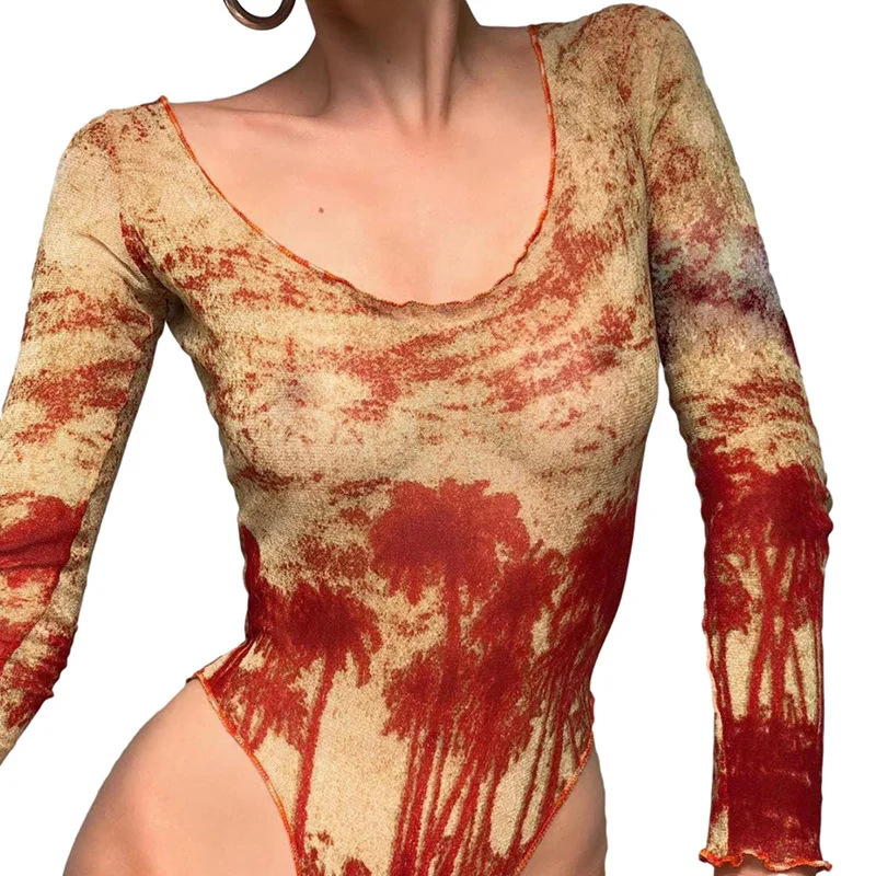 

2021 spring new women's long-sleeved low-neck sexy slim fashion tie-dye jumpsuit