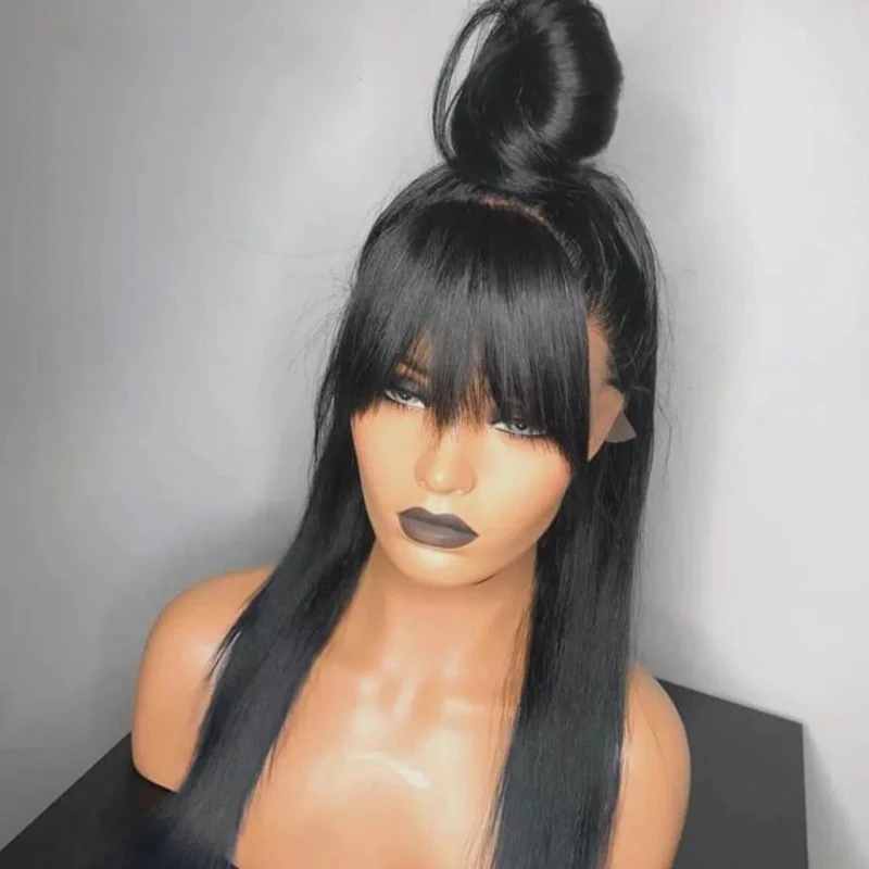

100% Brazilian human virgin straight 13*4 glueless wig with bangs 130% density pre plucked lace front wig