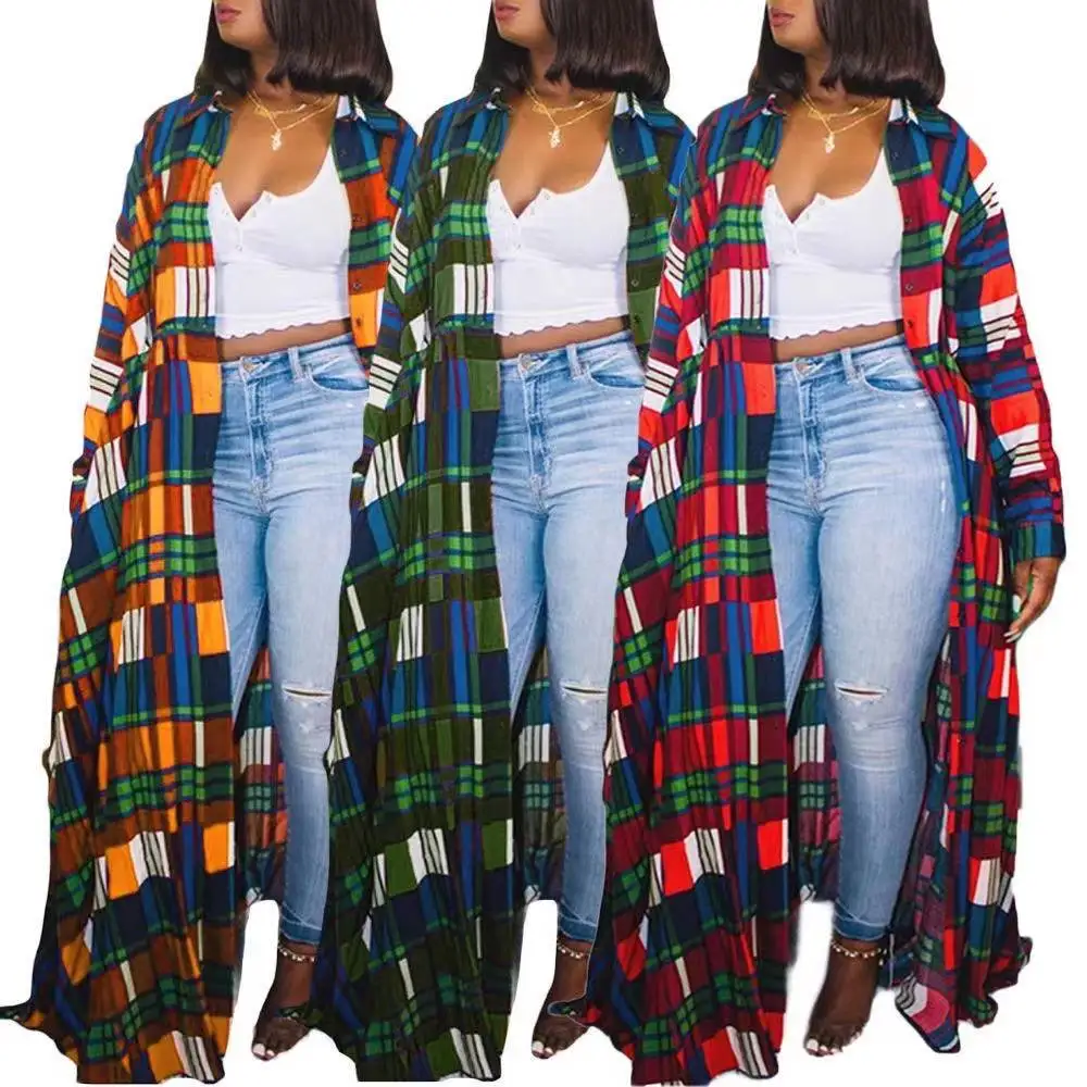 

2022 winter hot sale 5XL coats long sleeve fashion plaid checkerboard shirt dress maxi dresses for plus size women clothing, As picture